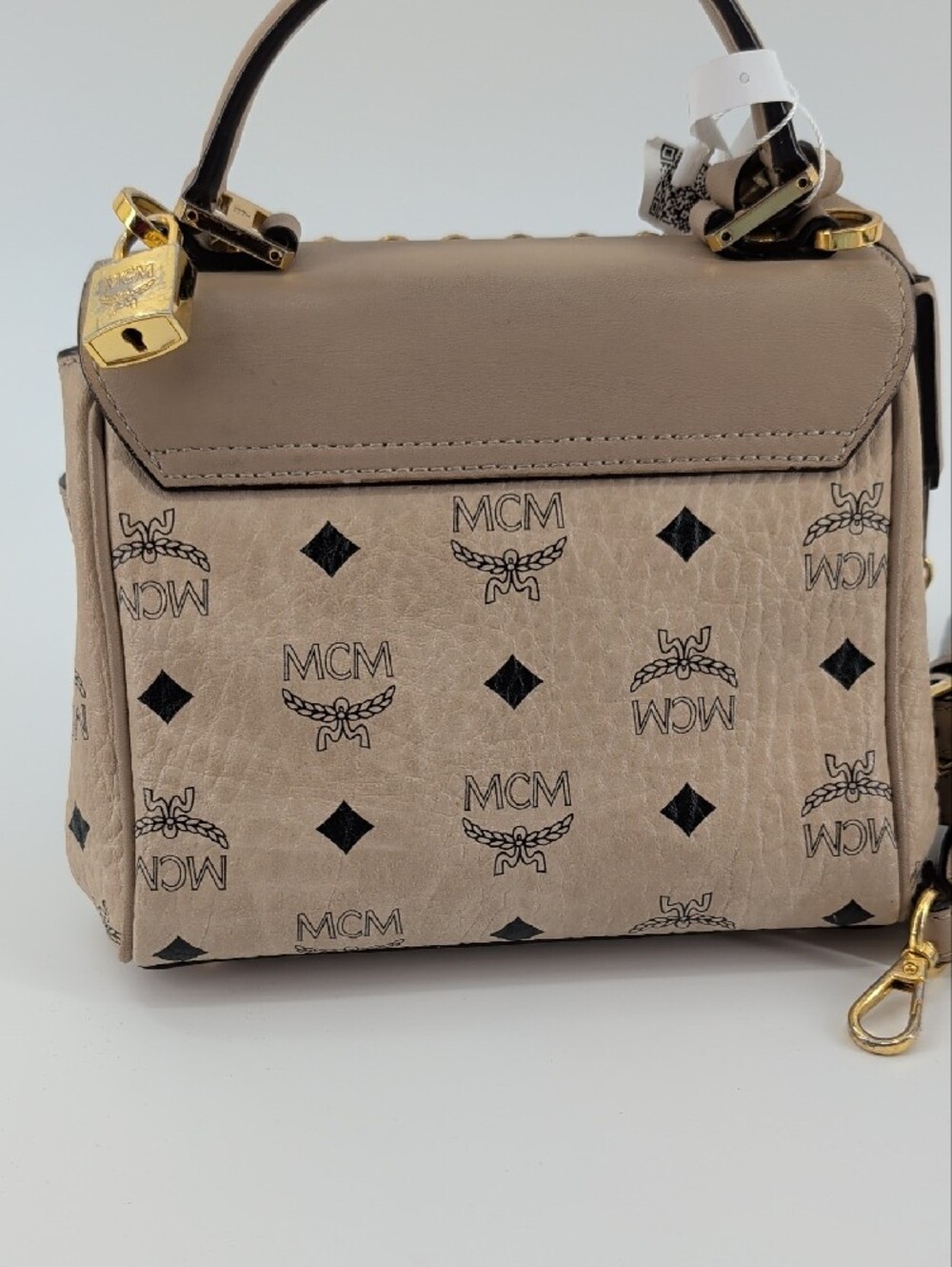 MCM Beige Visetos Top Handle Bag with Gold Hardware and Pink Crystal Studs - Picture 5 of 10